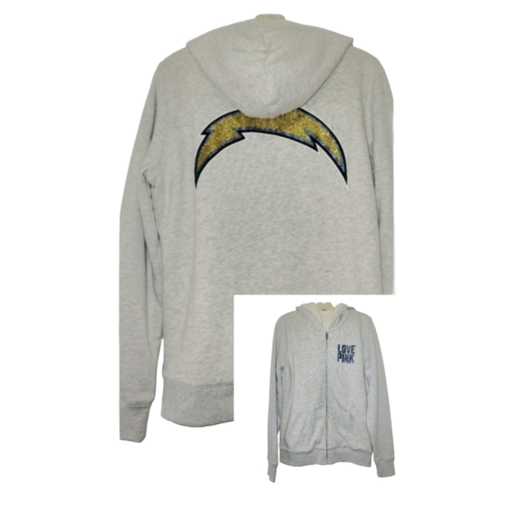 Rare VS Pink NFL LA Chargers Faux Fur Lined Zip-up Hoodie Gray Blue Medium NWOT